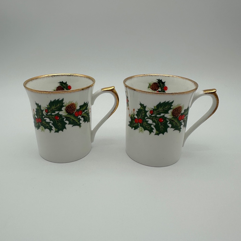 Queen's Yuletide Fine Bone China Mugs Rosina China Co Ltd England Set of 2 Gold